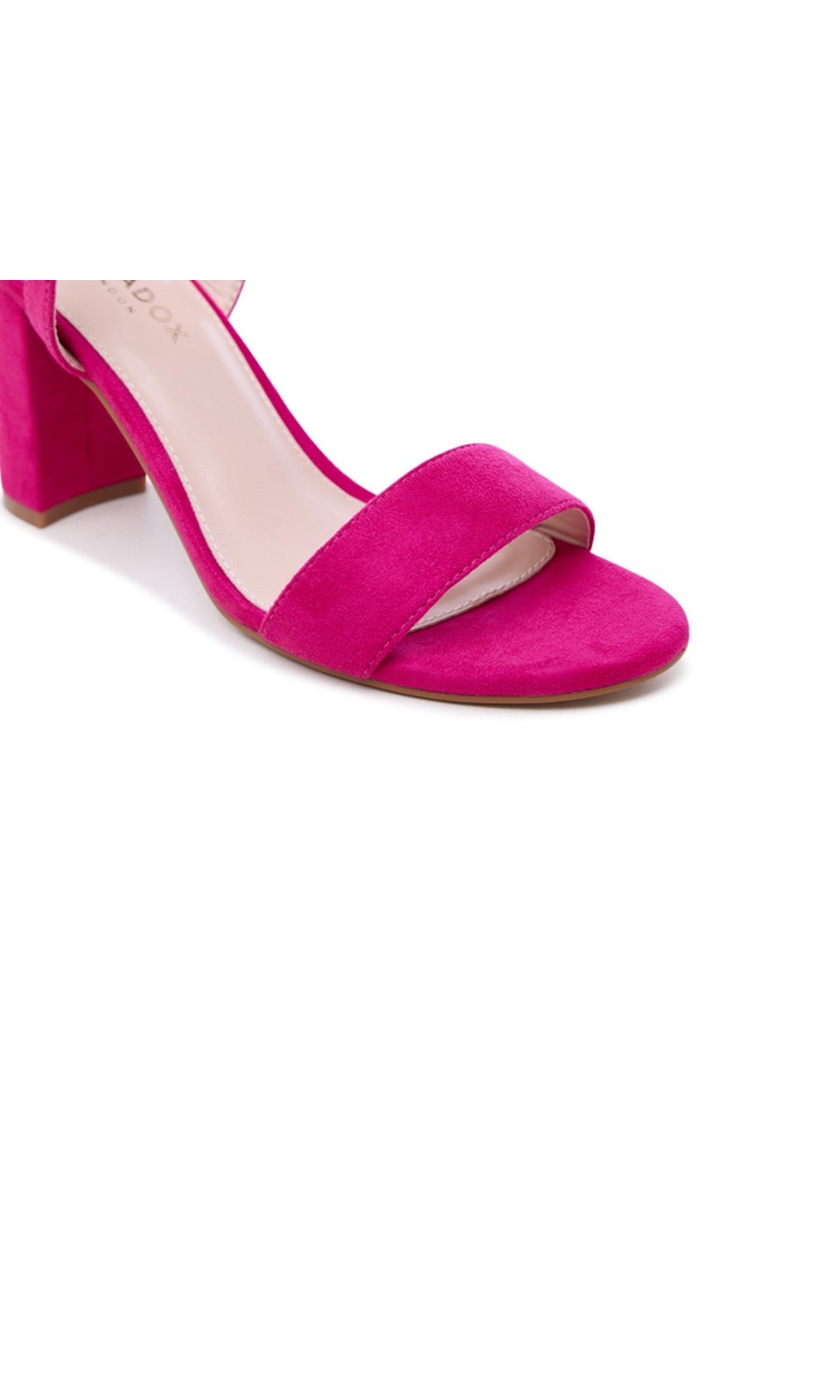 A close-up of Harmonia Fuchsia Pink Prom Shoes (Paradox London P2606), featuring bright suede, an open toe, and a low block heel—perfect hot pink prom shoes—set against a white background.